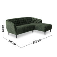 Ria jobb ottomános kanapé, sötétzöld velúr, fekete fa láb