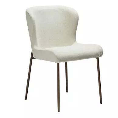 Glam design szék, fehér bouclé, antik sárgaréz láb