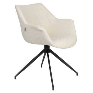 Doulton design karfás szék, fehér bouclé, fekete fém láb