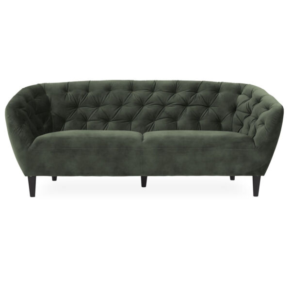 Ria 3 személyes kanapé, sötétzöld velúr, fekete fa láb