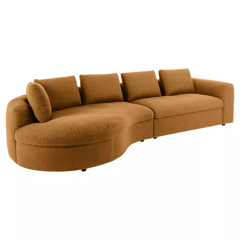 Clifton 2,5 üléses kanapé, kerekített ottomán, karamell szövet, fekete láb