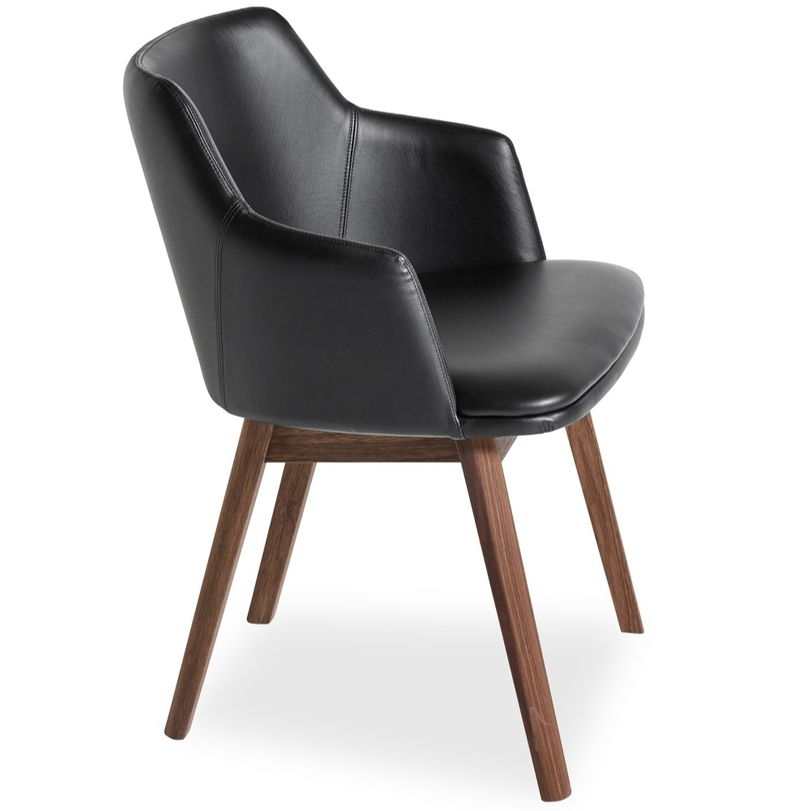 SM65 design szék, fekete bőr, olajozott dió láb